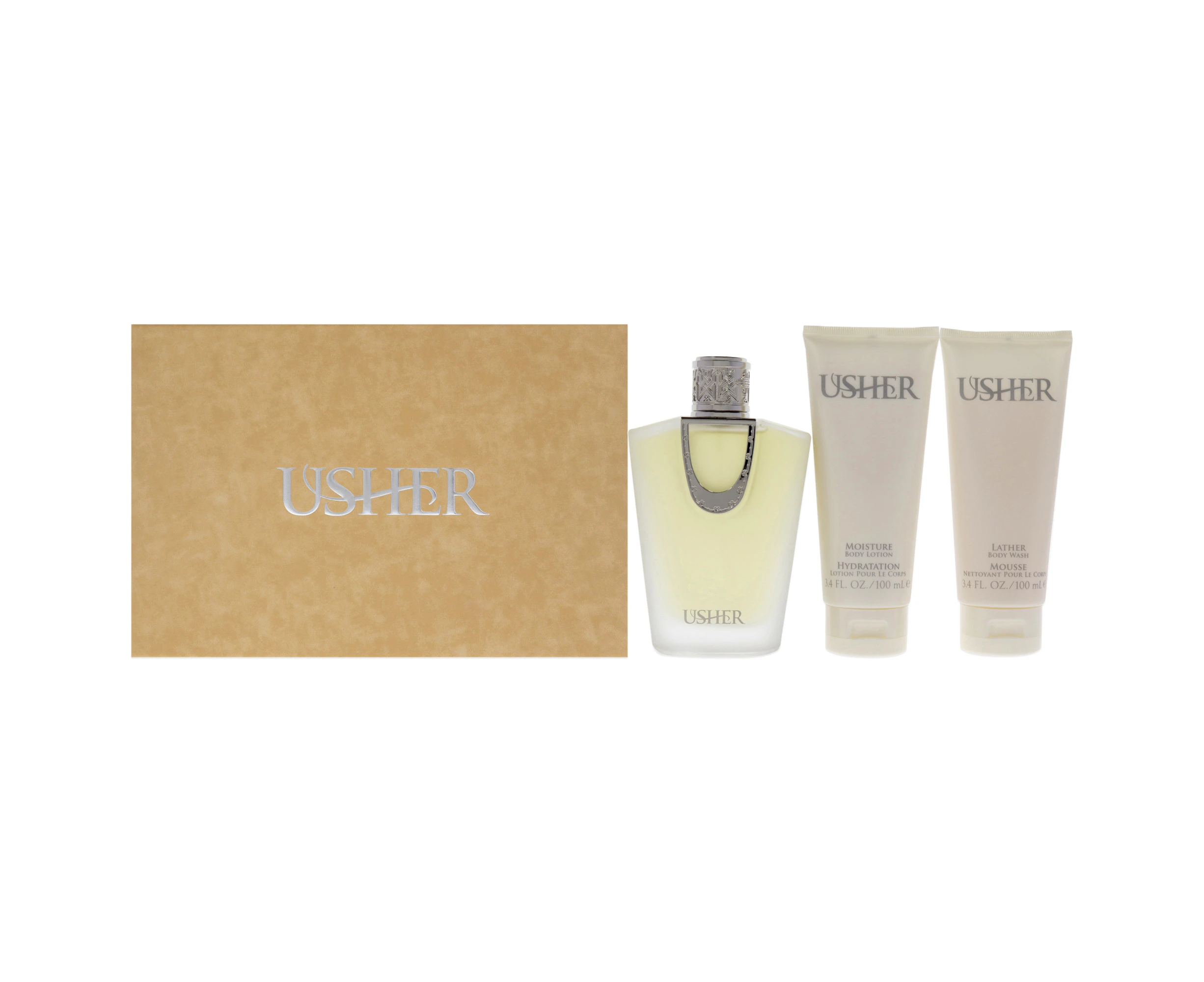 Usher Usher For Women 3 Pc Gift Set 3.4oz EDP Spray, 3.4oz Moisture Body Lotion, 3.4oz Lather Body Wash Variant Size Value 3 Pc Gift Set