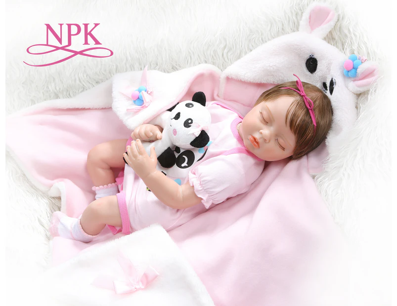 55CM newborn baby doll  bebe realitic reborn sleeping baby girl doll soft weighted body rooted hair  in panda dress