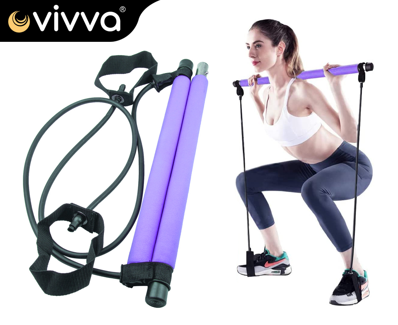 Vivva-Portable Pilates Bar Kit W/Resistance Band Yoga Gym Stick Exercise  Trainer