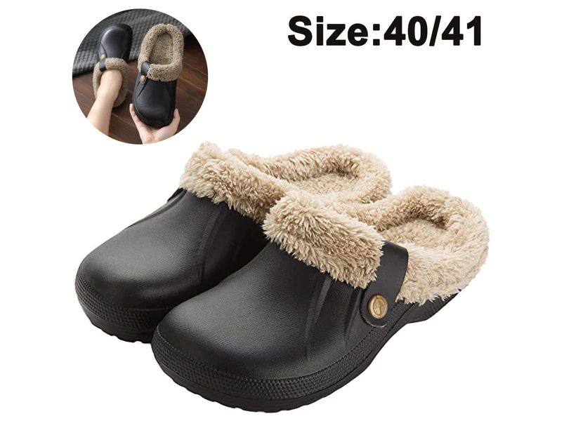 Waterproof Slippers Women Men Fur Lined Clogs Winter Garden Shoes Warm House Slippers Indoor Outdoor Mules - Black