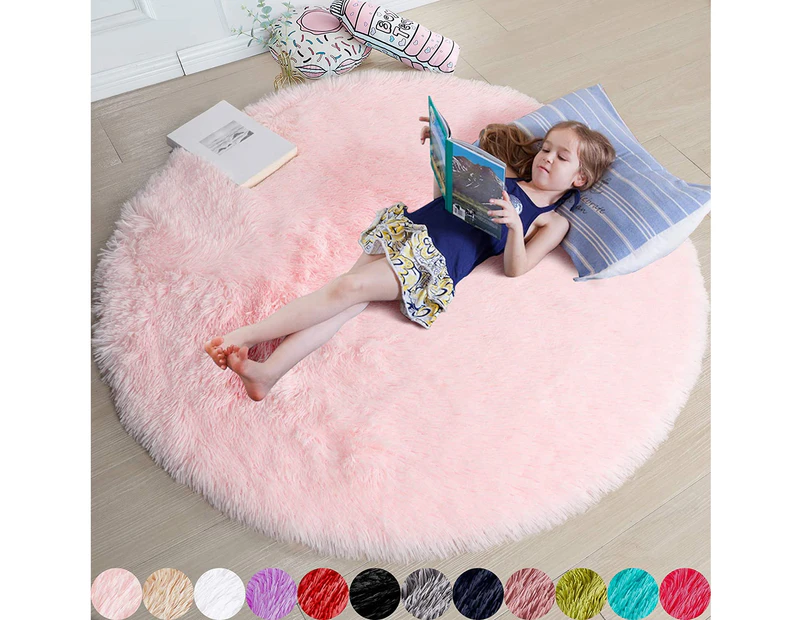 Blush Round Rug for Bedroom,Fluffy Circle Rug 4'X4' for Kids Room,Furry Carpet for Teen Girls Room,Shaggy Circular Rug