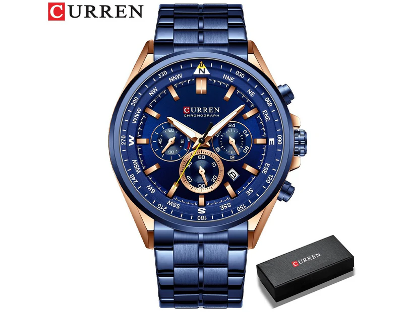 CURREN Luxury Brand Watches for Men Casual Sporty Quartz Wristwatch with 316 Stainless Steel Band Chronograph Clock Male Silver