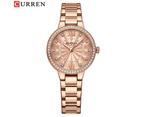 CURREN Quartz Wristwatches for Wommen Luxury Rhinestones Rose Dial Fashion Watches with Stainless Steel Band New