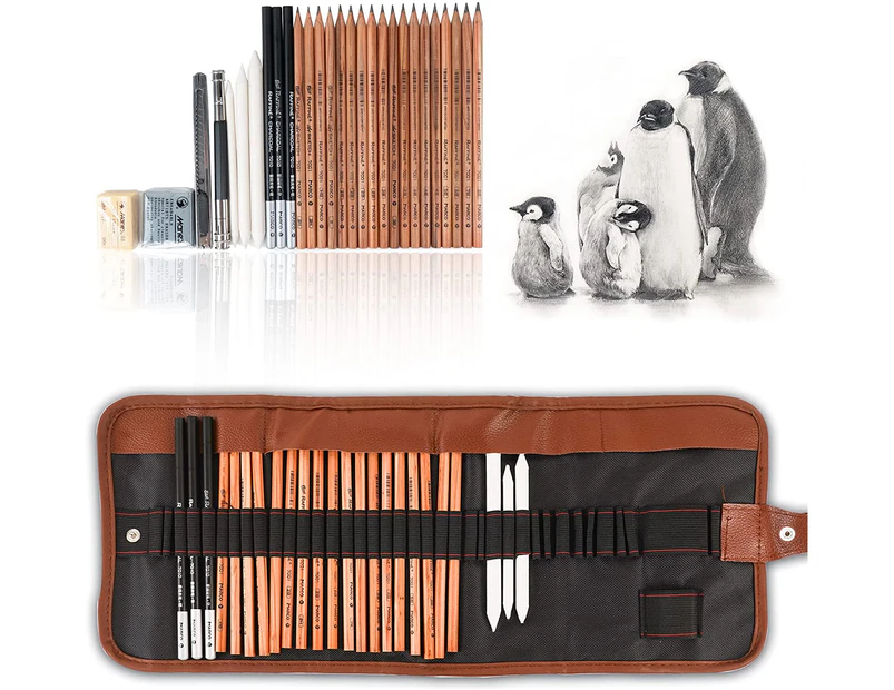29 Pieces Professional Sketching & Drawing Art Tool Kit with Graphite Pencils, Charcoal Pencils, Paper Erasable Pen, Craft Knife