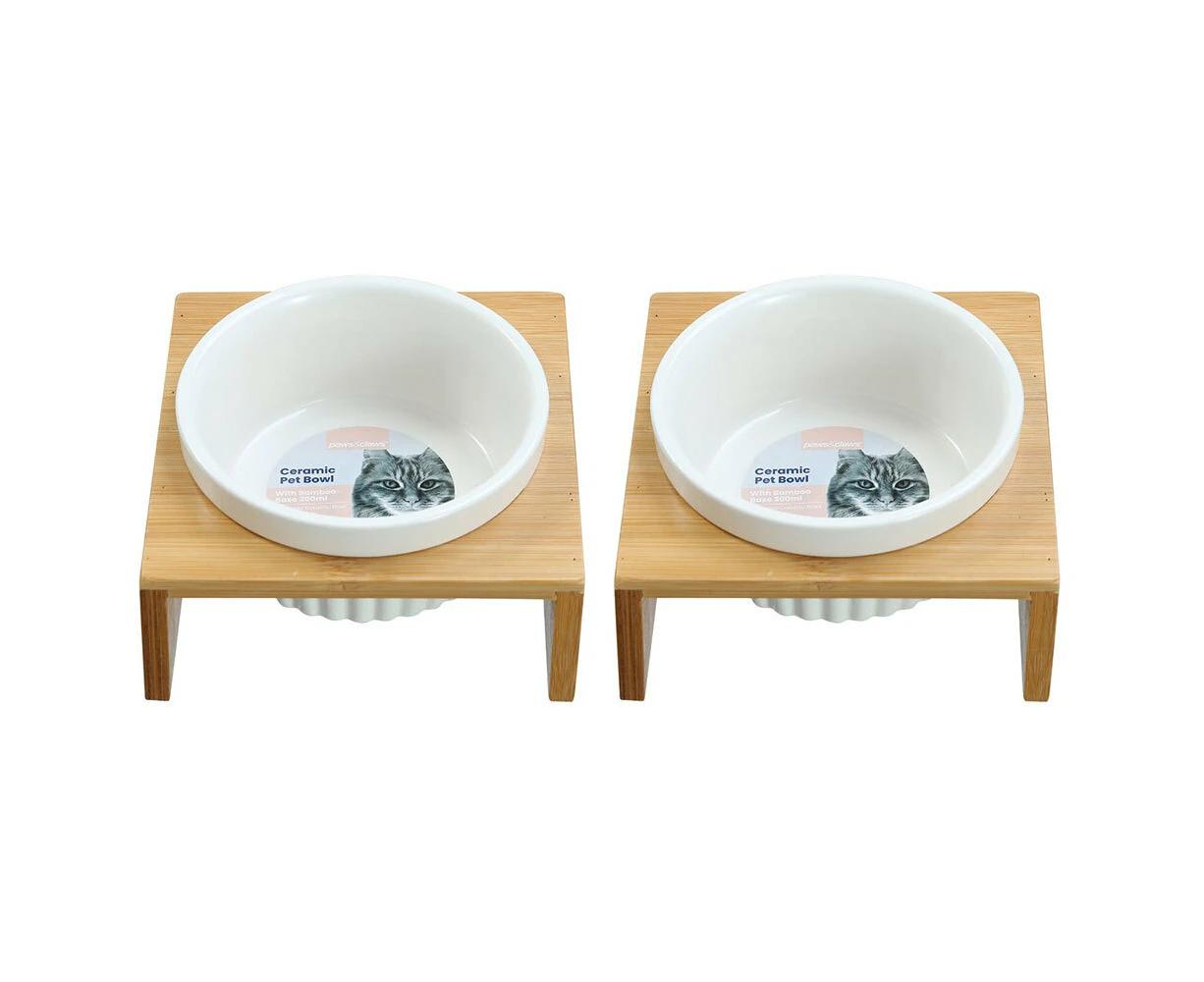 2x Paws & Claws 13x12cm/300ml Pet Cat Ceramic Water/Food Bowl Bamboo Base Stand