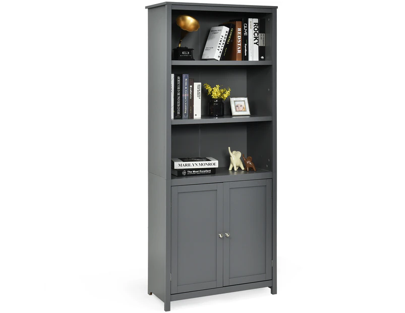 Giantex Bookcase Display Shelf Wooden Storage Cabinet Bookshelf Stand w/Doors Book Organizer Home Office Grey