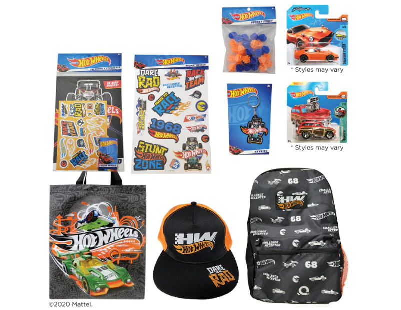 Hot Wheels Kids/Childrens Backpack/Cap/Stickers/Keyring/Toy Vehicle Showbag 22