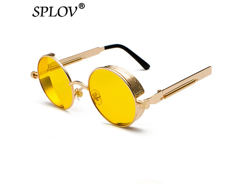 SPLOV Round Steampunk Sunglasses Retro Men Women Designer Spring Style Circle Sun Glasses Vintage Mirrored Driving Eyewear UV400 - GoldYellow