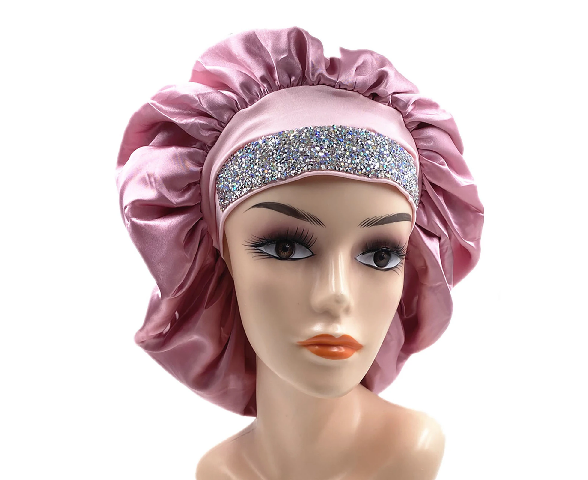 Sleep Cap Fine Workmanship Easy Carrying Fabric Queen Satin Silk Bonnet for Household-Rose Gold