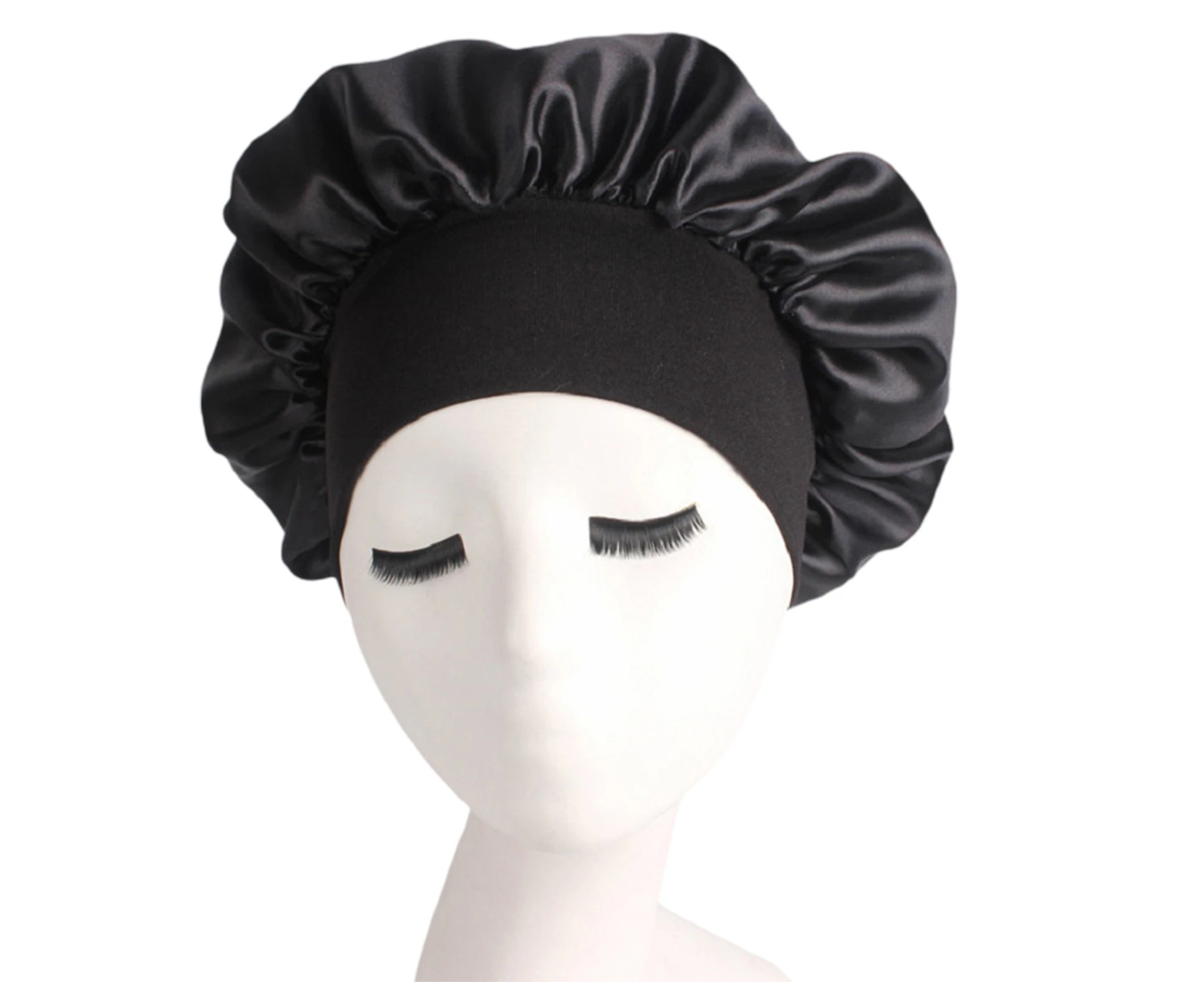 Sleep Hat Loose High Elasticity Solid Color Women Satin Bonnet Hair Cap Head Cover Styling Accessories -Black