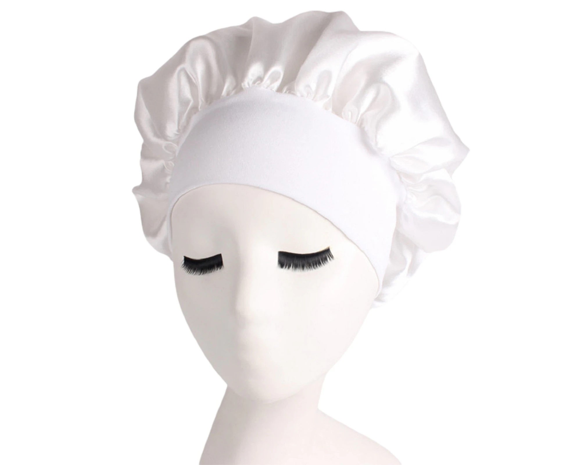 Sleep Hat Loose High Elasticity Solid Color Women Satin Bonnet Hair Cap Head Cover Styling Accessories -White