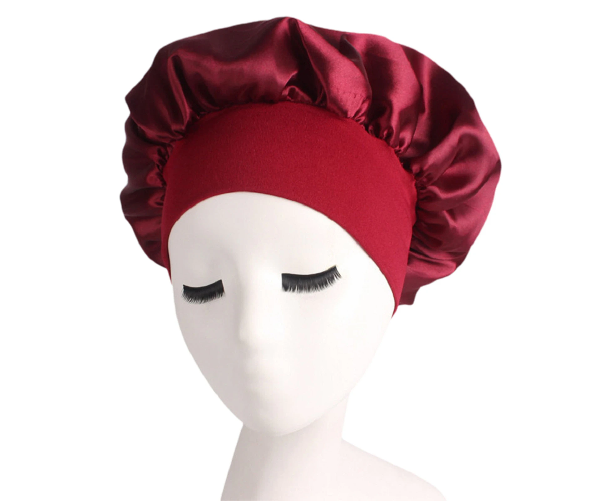 Sleep Hat Loose High Elasticity Solid Color Women Satin Bonnet Hair Cap Head Cover Styling Accessories -Wine Red