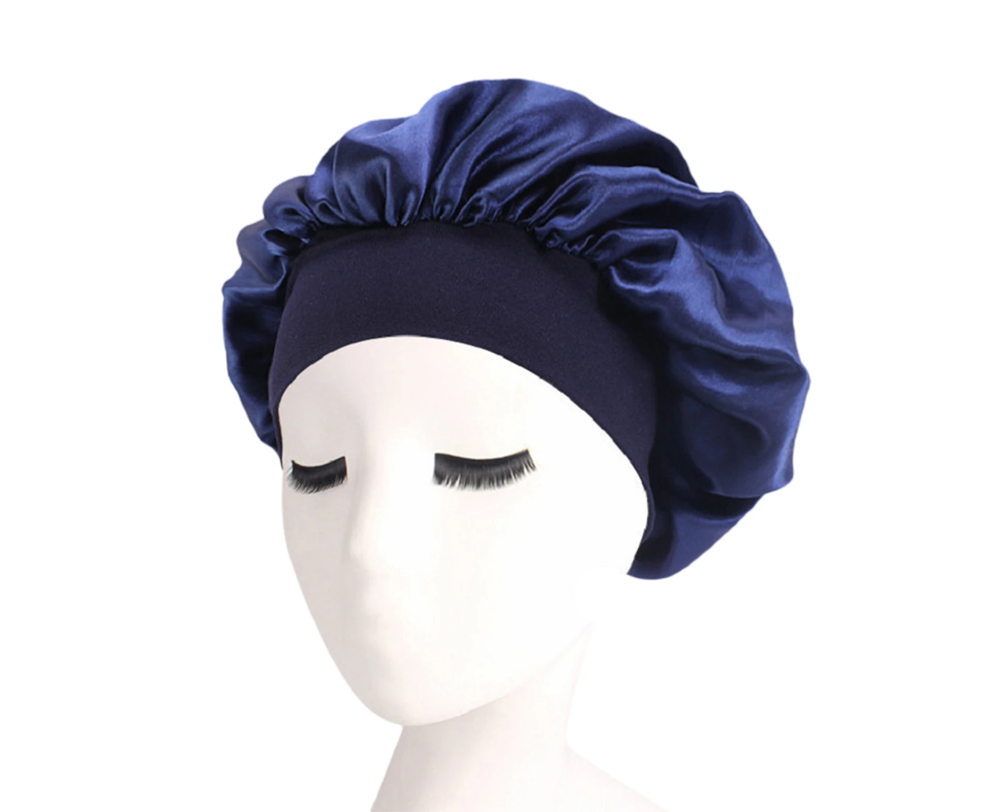 Sleep Hat Loose High Elasticity Solid Color Women Satin Bonnet Hair Cap Head Cover Styling Accessories -Cyan