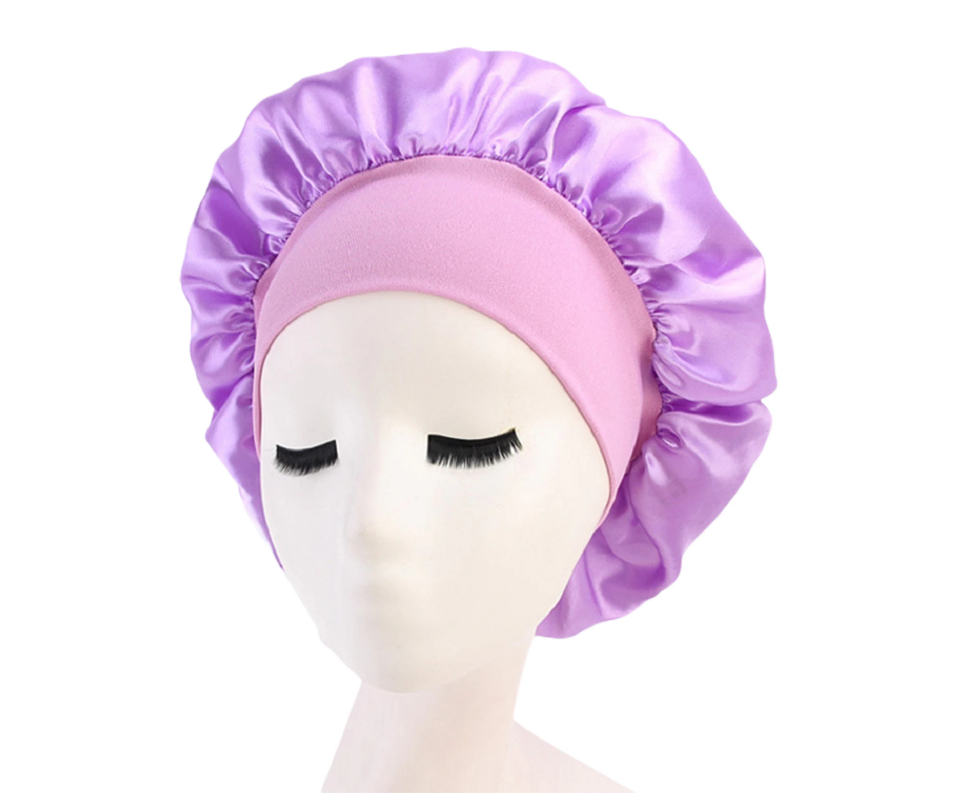 Sleep Hat Loose High Elasticity Solid Color Women Satin Bonnet Hair Cap Head Cover Styling Accessories -Light Purple