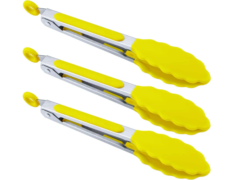 Kitchen Food Tongs - 7" Mini Silicone Serving Tongs - Set of 3 - Yellow