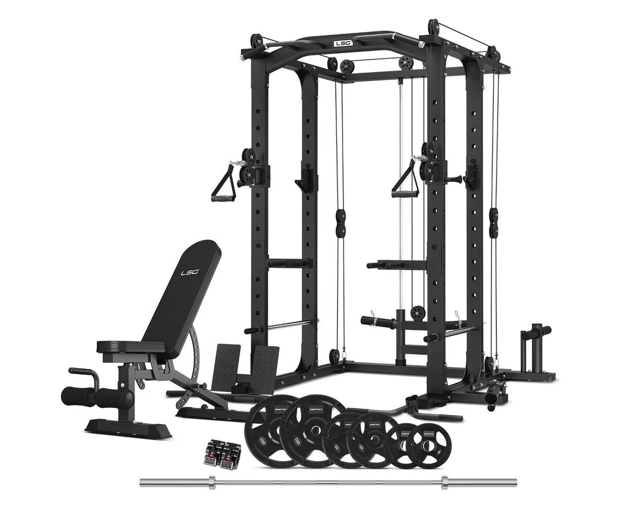 LSG GRK100 with FID Bench and 90kg Olympic Bars and Tri-Grip Weights