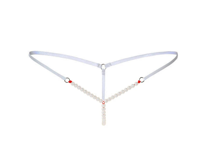 Women Sexy Faux Pearl String Massage Underwear Briefs Thongs G-String Knickers-White - White