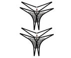 2Pcs Erotic Women Lace See Through Hollow out Open Crotch G-String Underwear-Black One Size - Black