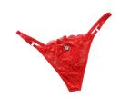 Women G-string Spaghetti Strap Lace Solid Color Low Waist Adjustable Pornographic Elastic One Size Women Panties for Inner Wear-Red One Size - Red
