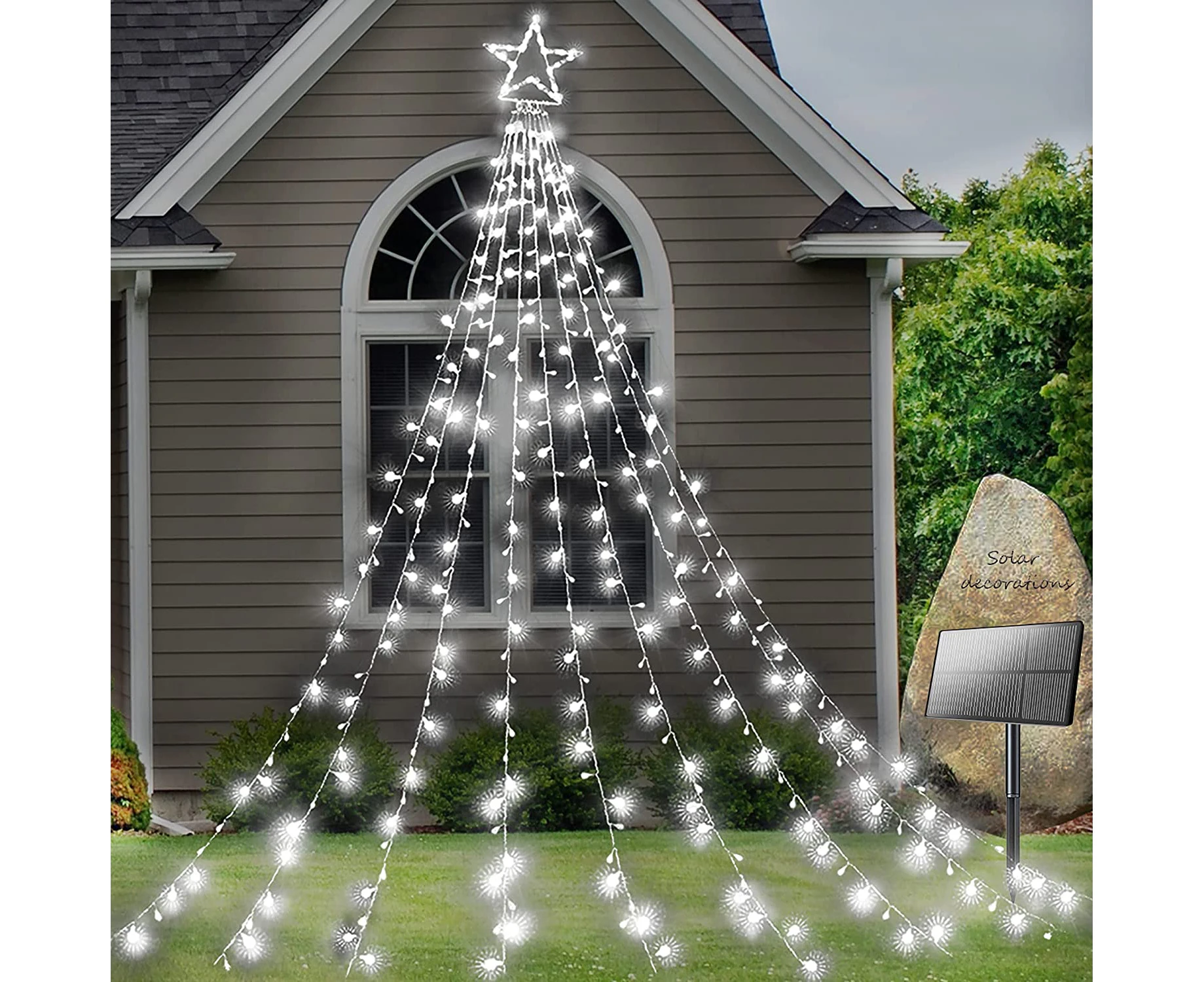 Solar Yard Decorations Star Lights 317 LED 8 Modes Outdoor Waterproof Solar Powered Garden Star Lights for Christmas Holiday Wedding Party Wall -Cool White