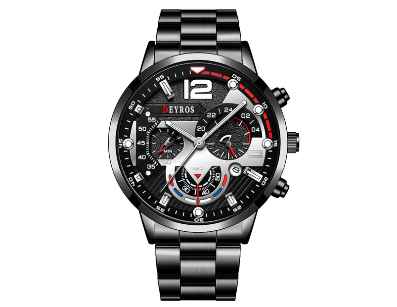Fashion Mens Sports Watches Luxury Stainless Steel Quartz Wristwatch Calendar Luminous Clock Men Business Casual Leather Watch - Steel Black Silver