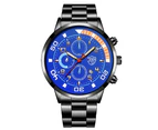 Fashion Mens Business Watches Luxury Men Stainless Steel Quartz Wrist Watch Calendar Luminous Clock Man Casual Leather Watch - Steel Black Blue