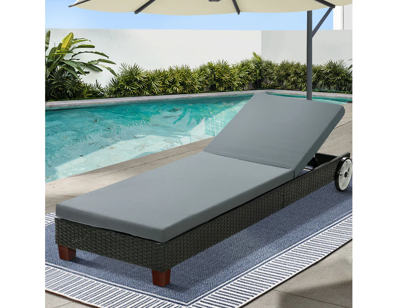 Gardeon Sun Lounge Wicker Lounger Outdoor Furniture Day Bed Wheels Patio Black