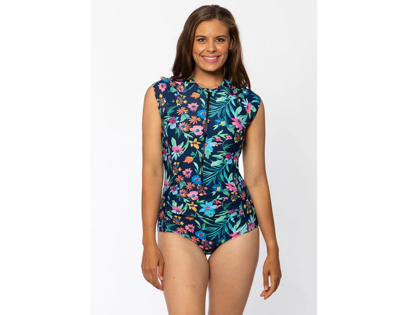 Chlorine Resistant Short Sleeve One Piece Swimsuit Colourful Painterly