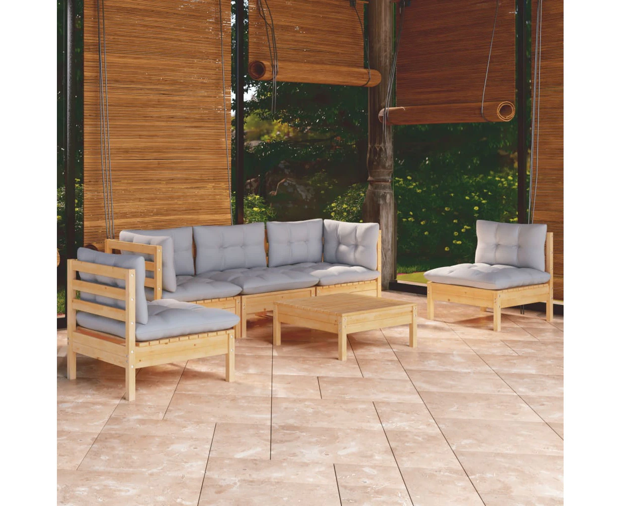 6 Piece Garden Lounge Set with Grey Cushions Solid Pinewood