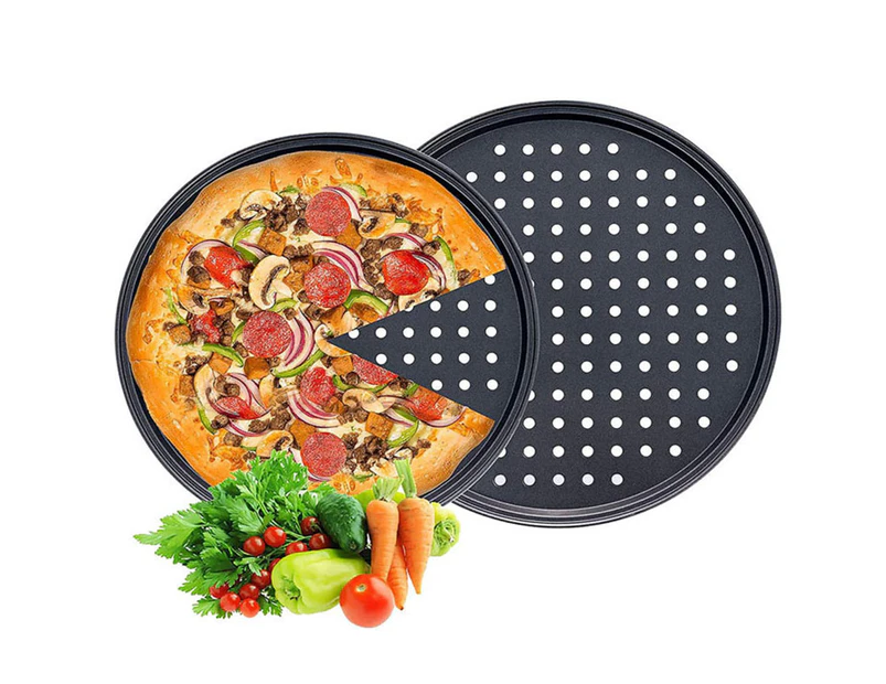 Pizza Pan With Holes, 2 Pack 32cm Carbon Steel Perforated Non-Stick Tray Tool
