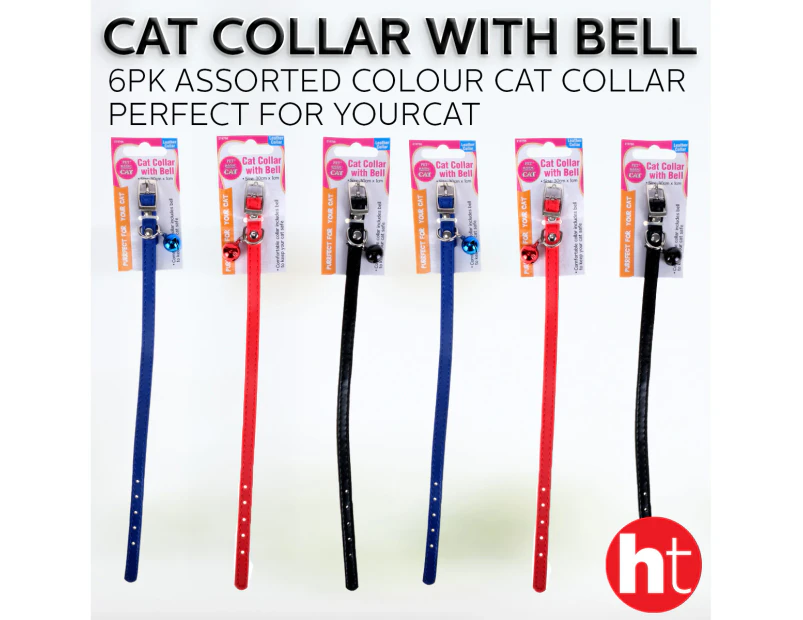 [6PK] Trendy Pets Cat Collar With Bell, Blue, Red & Black Collar, Leather, Brightly Colored, Adjustable, Cute And Fashionable Design