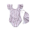 Children Girls One-Piece Swimsuit with Hat Fashion Bathing Suit New - Purple Striped