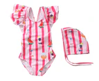 Children Girls One-Piece Swimsuit with Hat Fashion Bathing Suit New - Pink Striped