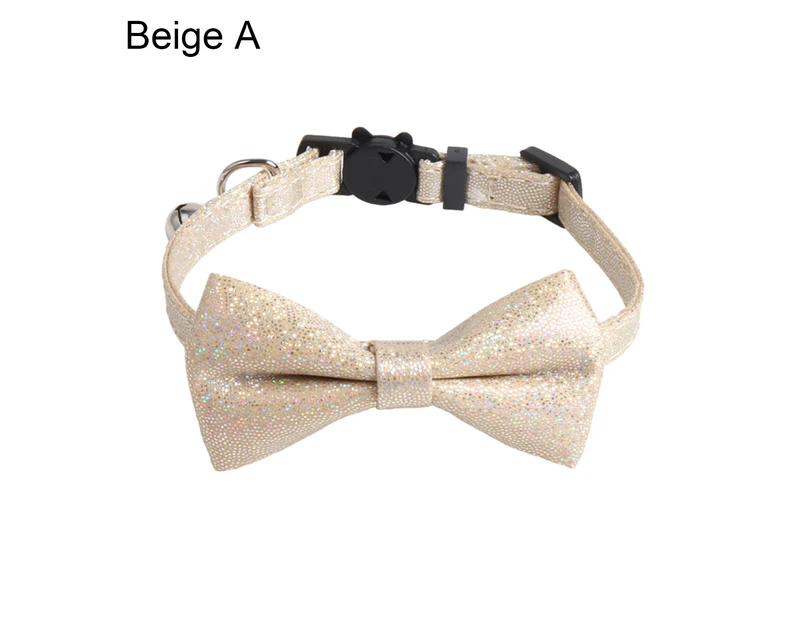 Cat Necklace Adjustable Comfortable Cloth Shiny Fabric Bowknot Pet Cat Collar for Kitty-Beige