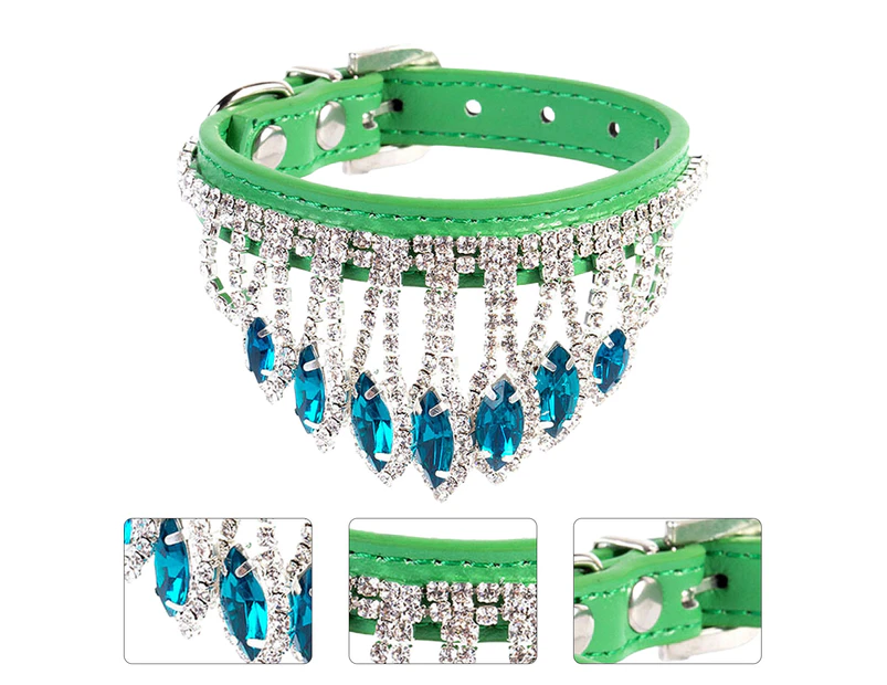 Cat Collar Eye-catching Waterproof Charming Sparkling Pet Cat Dog Necklace with Rhinestones for Outdoor-Green S