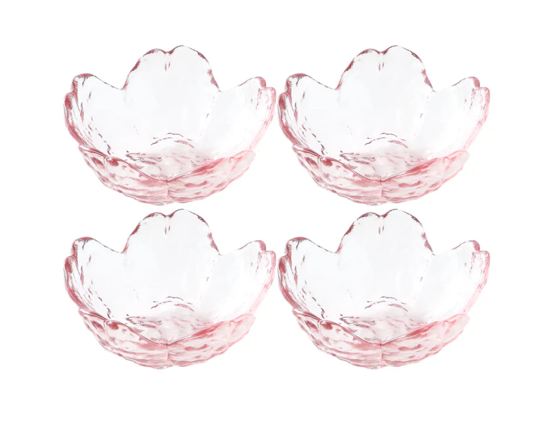 Pink Glass Bowls Set of 4, Small Dipping Dishes Sauce Plates- Japanese Sakura Flower Cherry Blossom Shaped Bowl for Dessert, Ice Cream