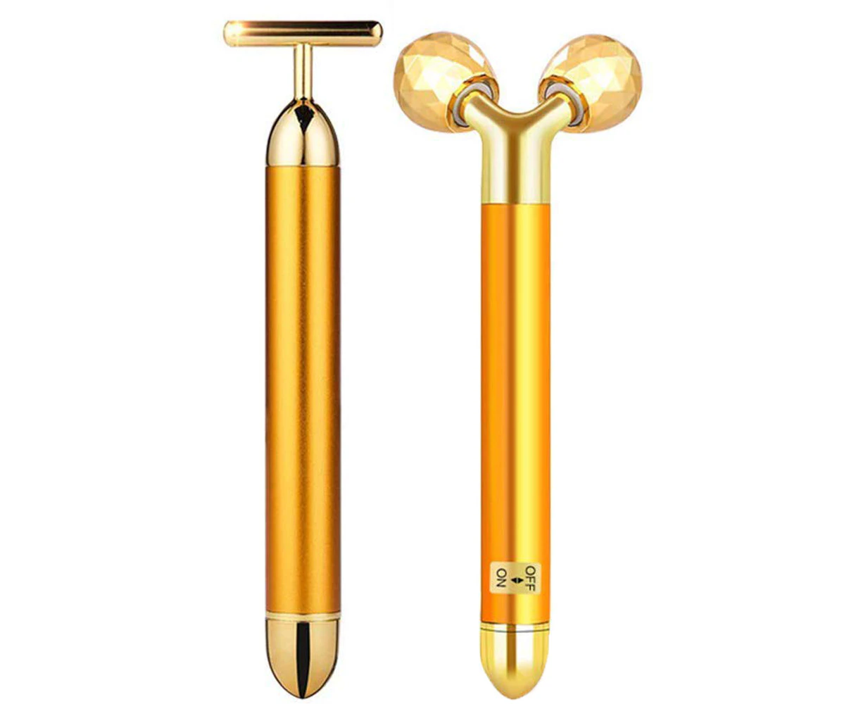 24K Beauty Bar Golden Face Massager,3D Roller Electric Sonic Energy Beauty Bar And “T” Shape Face Massager Kit. Anti-Aging/Wrinkles, Instant Face Lift