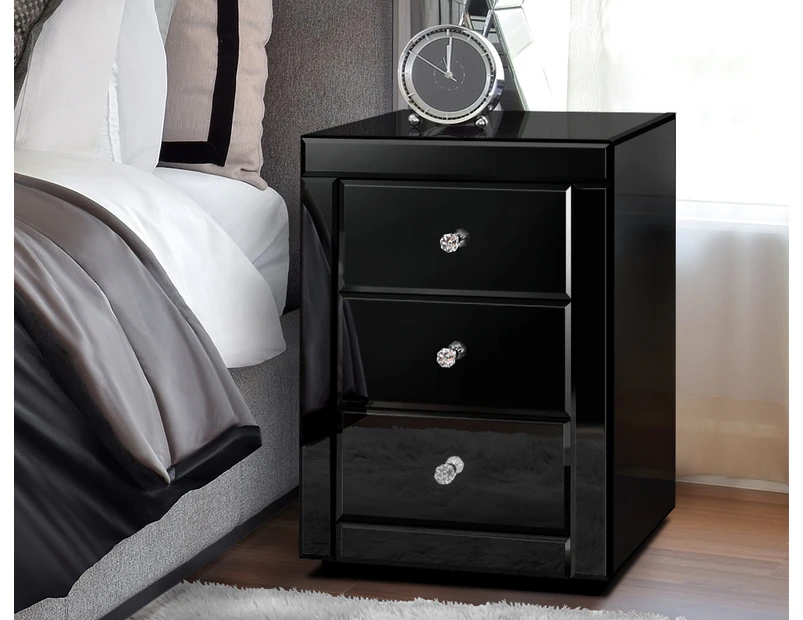 Bedside Table Mirrored Cabinet Nightstand Side End Table 3 Drawers - Black