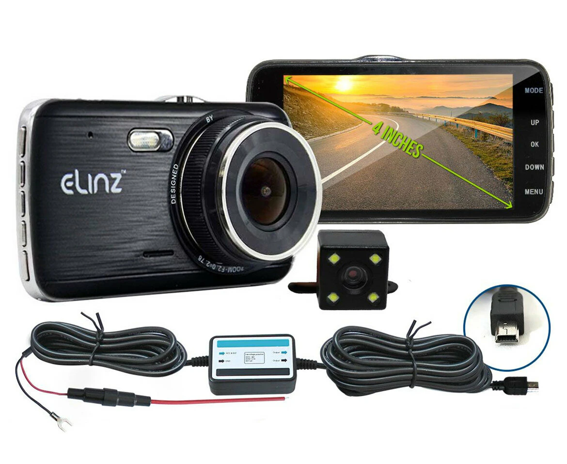 Elinz 4.0 LCD Dash Cam Dual Camera Reversing Recorder Car DVR Video FHD 1296P Hardwire Kit