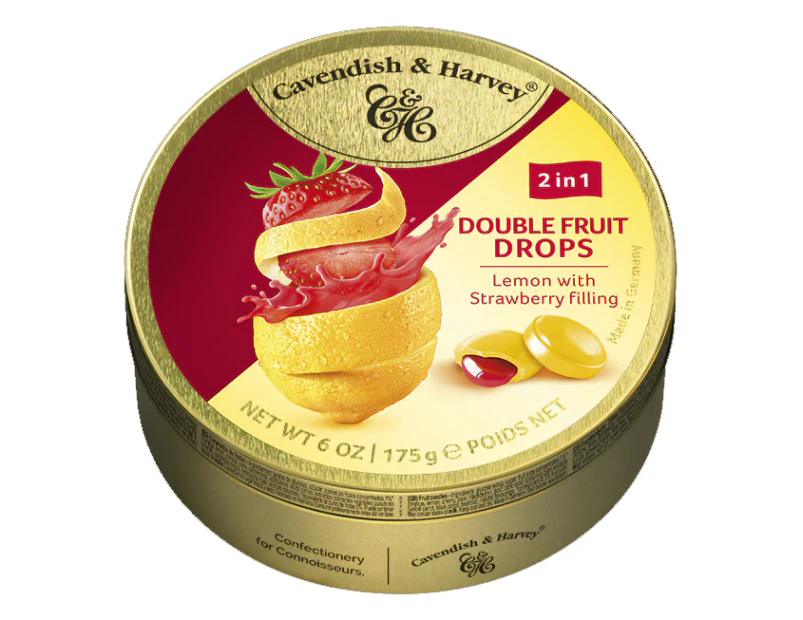 Cavendish and Harvey Double Fruit Lemon Drops Filled With Strawberry 175gm Tin Sweets