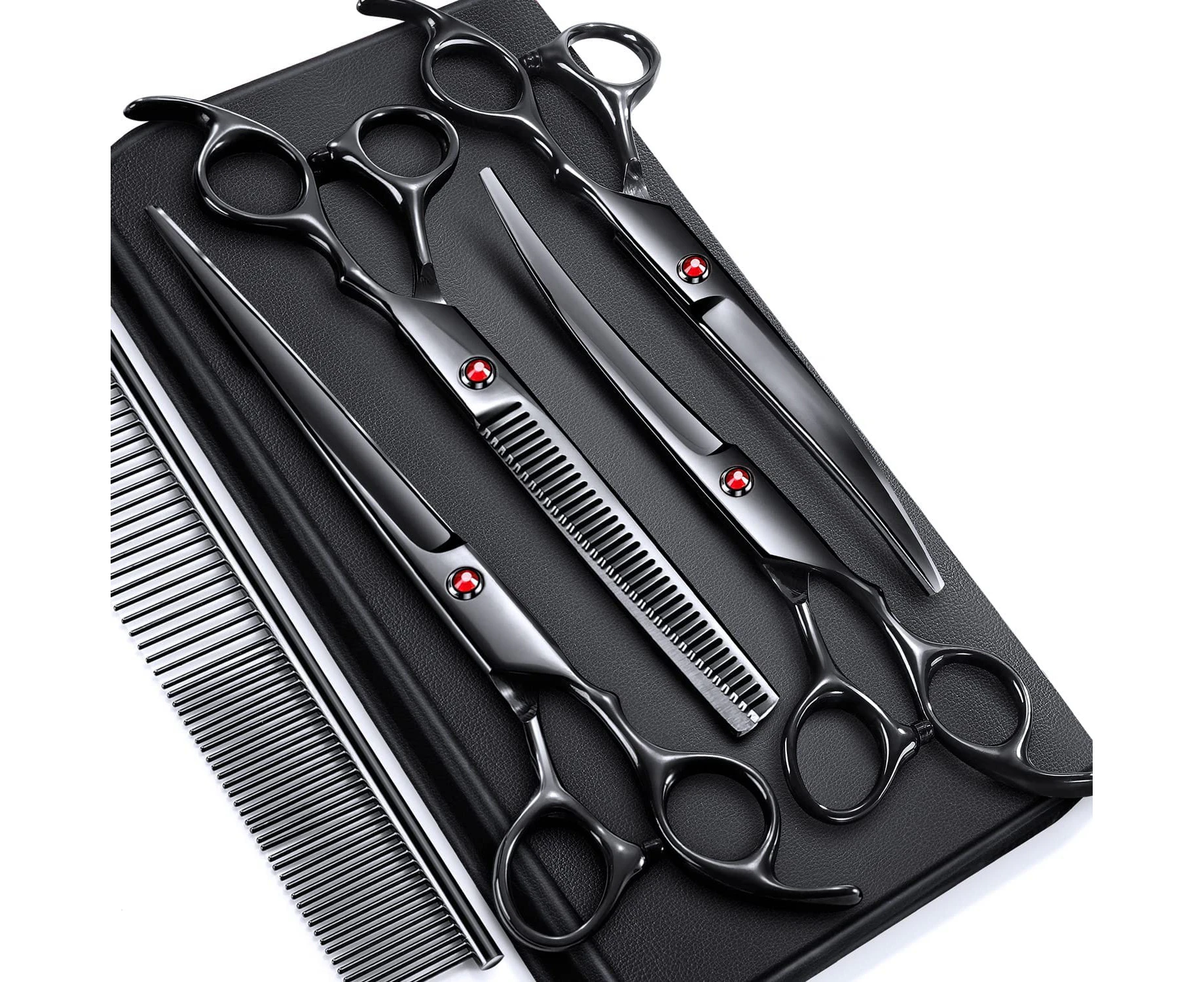 7.0in Stainless Steel 6 in 1 Professional Dog Grooming Scissors Kit, Heavy 4CR Titanium Coated Straight & Thinning & Curved Shears & Comb Set for Dog & Cat