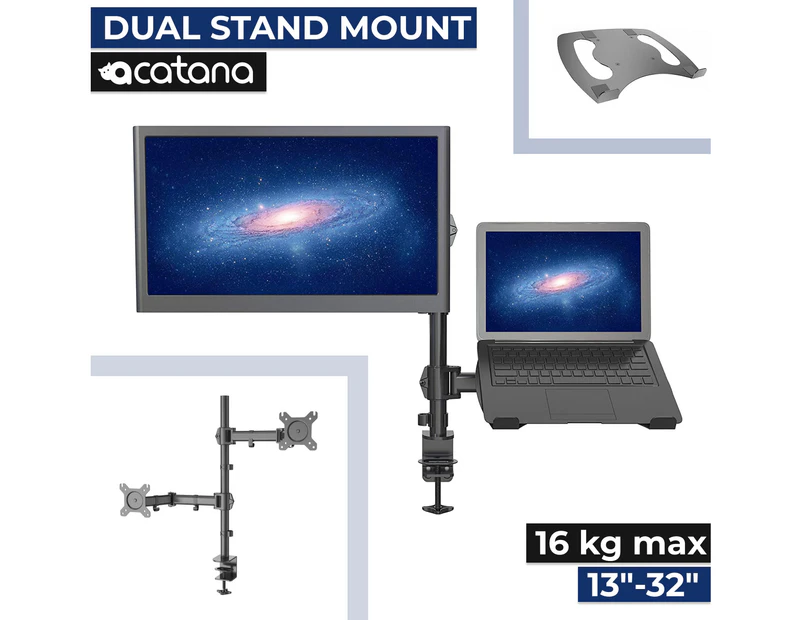 Acatana Dua Monitor Stand 2 Arm Desk Mount with Laptop Tray Holder VESA Adapter Bracket 32'' ACA-LH07