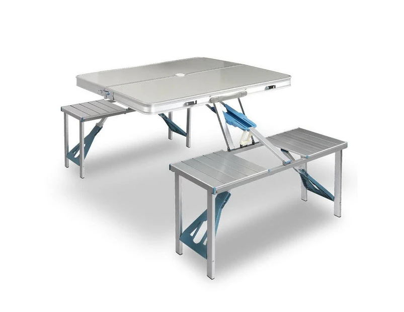 Aluminium Folding Camping Table With 2X Bench Chairs Picnic Set