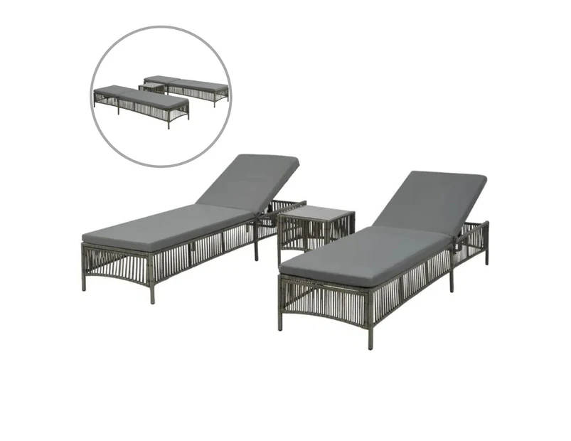 Set Of 2 Outdoor Lounger With Table Cushion Stylish Rattan Sun Bed Chaise Lounge