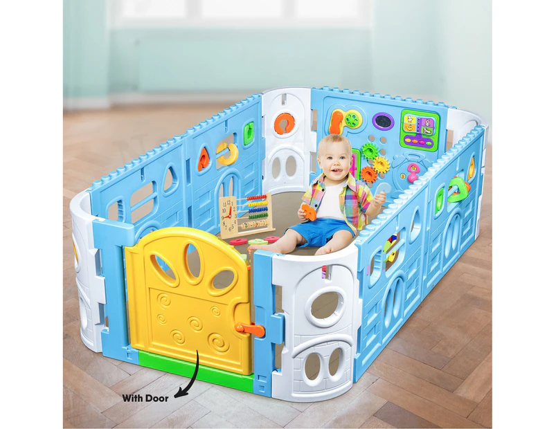 Baby Playpen with Door - Rectangle Interactive Play Room 1.6 x 1m - Blue
