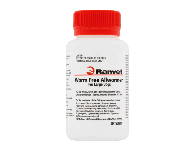 Ranvet Worm Free Large Dogs Allwormer Treatment White 25kg 50 Tablets