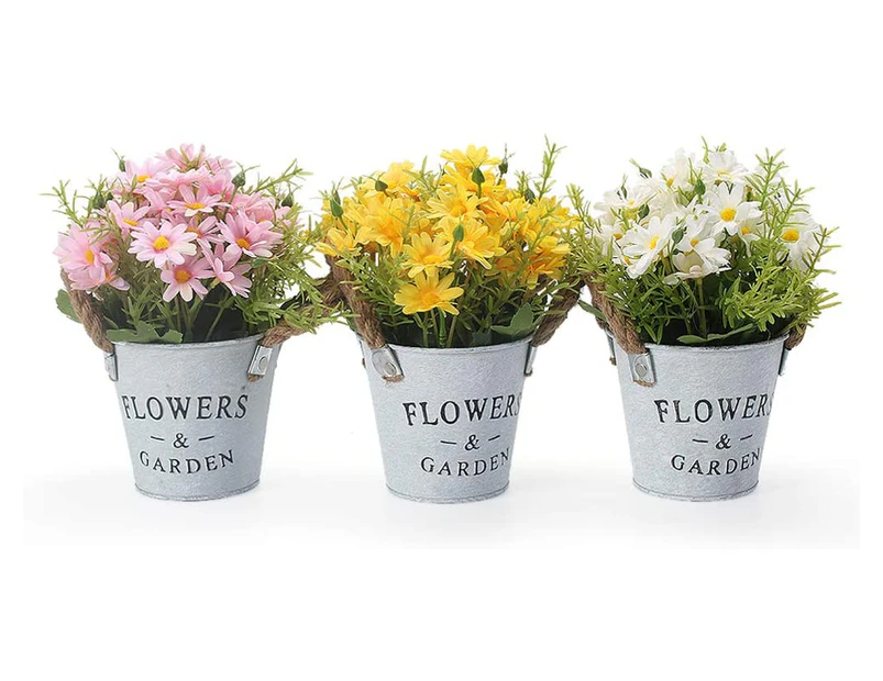 Artificial Flowers Indoor 3 pcs, Artificial Flowers with Metal Pot Artificial Plant Decoration for Wedding Outdoor Office Table Garden New Home Gift