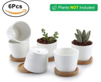 6.5CM White Ceramic Succulent Pot with Bamboo Tray Set of 6, Cactus Plant Planter Flower Pot Planter Container Gift for Birthday Wedding