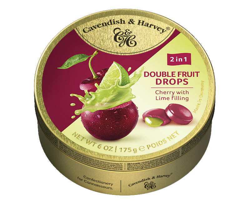 Cavendish and Harvey Double Fruit Cherry Drops Filled With Lime 175gm Tin Sweets