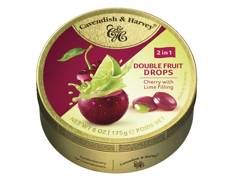 Cavendish and Harvey Double Fruit Cherry Drops Filled With Lime 175gm Tin Sweets